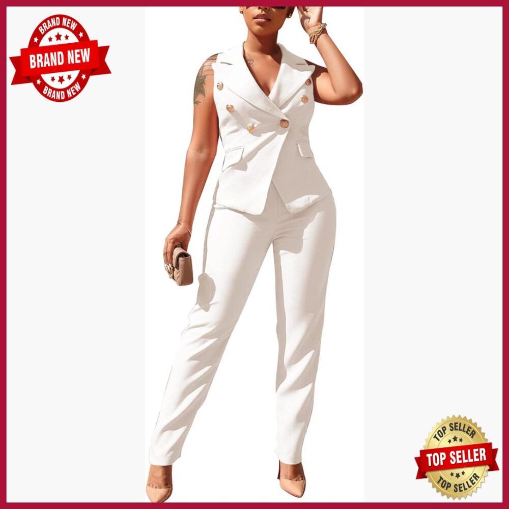Women's Business Pant Suit Set Sleeveless Blazer Slim Fit Work Office